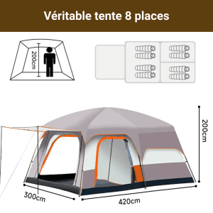 Tente 8 Places – Tente Camping 8 Personnes – 2 Chambres et 1 Séjour – Double Toit Imperméable