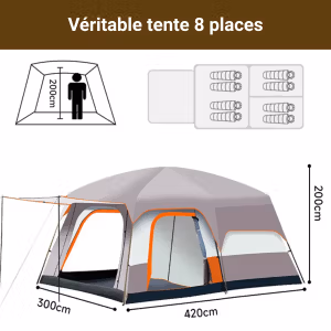 Tente 8 Places – Tente Camping 8 Personnes – 2 Chambres et 1 Séjour – Double Toit Imperméable